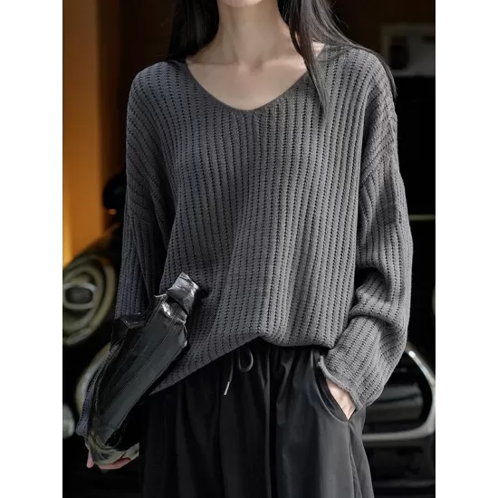 Solid Color Long Sleeves Loose V-Neck Sweater Tops Pullovers