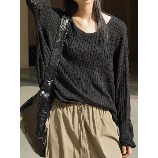 Solid Color Long Sleeves Loose V-Neck Sweater Tops Pullovers