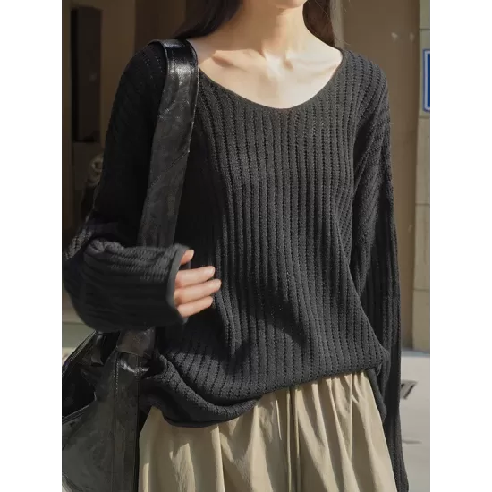 Solid Color Long Sleeves Loose V-Neck Sweater Tops Pullovers