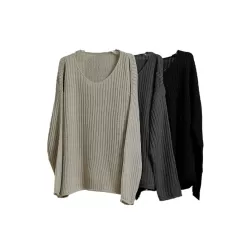 Solid Color Long Sleeves Loose V-Neck Sweater Tops Pullovers