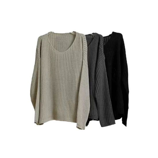 Solid Color Long Sleeves Loose V-Neck Sweater Tops Pullovers