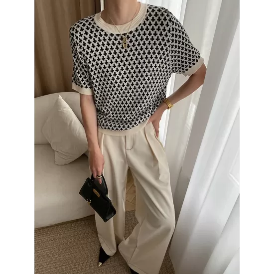 Houndstooth Half Sleeves Round-Neck Sweater Tops