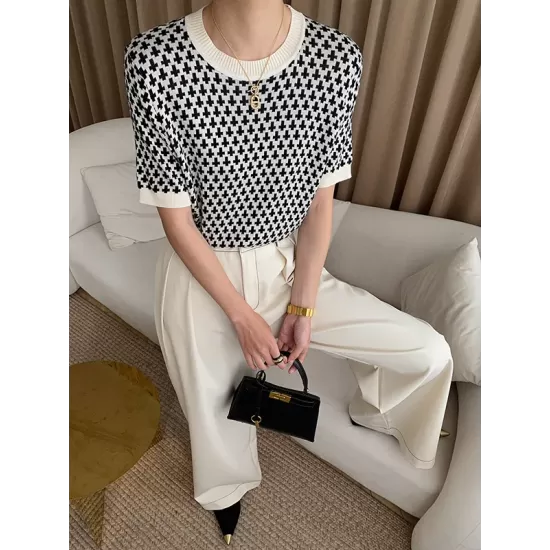 Houndstooth Half Sleeves Round-Neck Sweater Tops