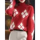 Casual Long Sleeves Loose Plaid High-Neck Sweater Tops