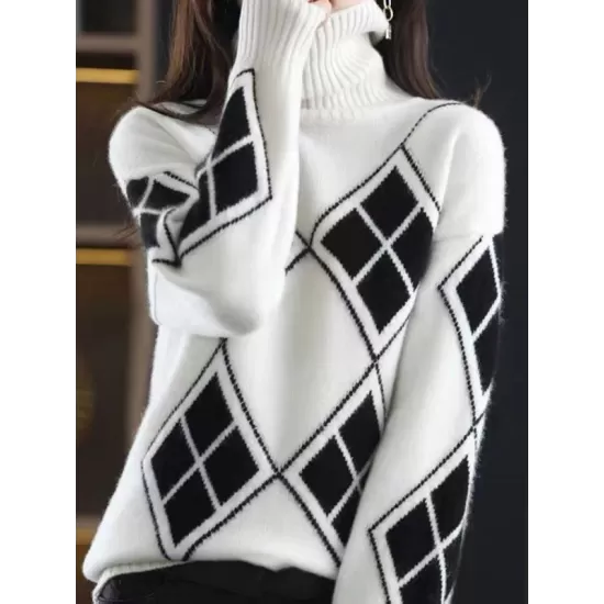 Casual Long Sleeves Loose Plaid High-Neck Sweater Tops