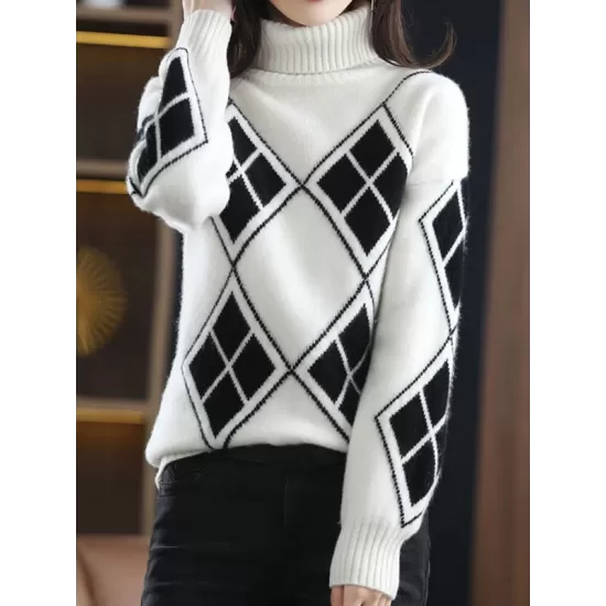 Casual Long Sleeves Loose Plaid High-Neck Sweater Tops