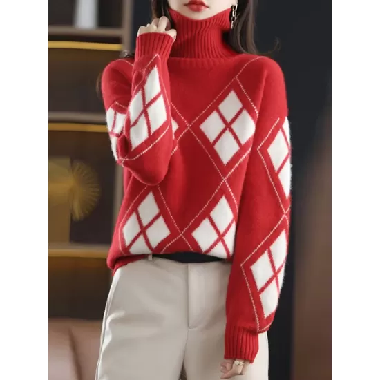 Casual Long Sleeves Loose Plaid High-Neck Sweater Tops