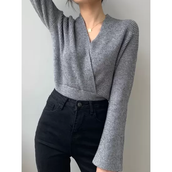 Asymmetric Solid Color Long Sleeves V-Neck Sweater Pullovers Knitwear