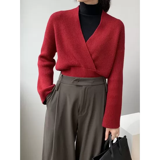 Asymmetric Solid Color Long Sleeves V-Neck Sweater Pullovers Knitwear