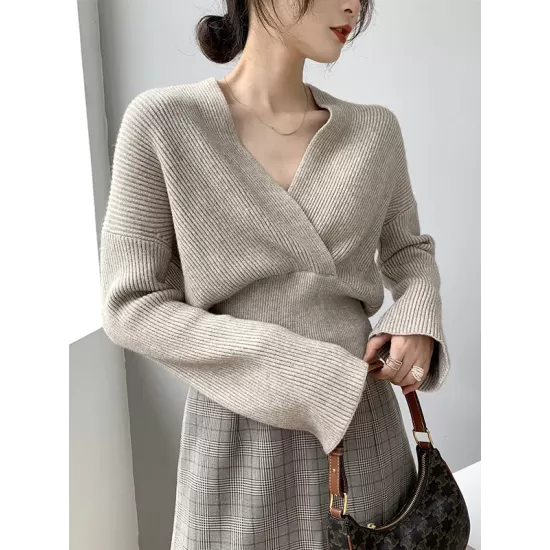 Asymmetric Solid Color Long Sleeves V-Neck Sweater Pullovers Knitwear