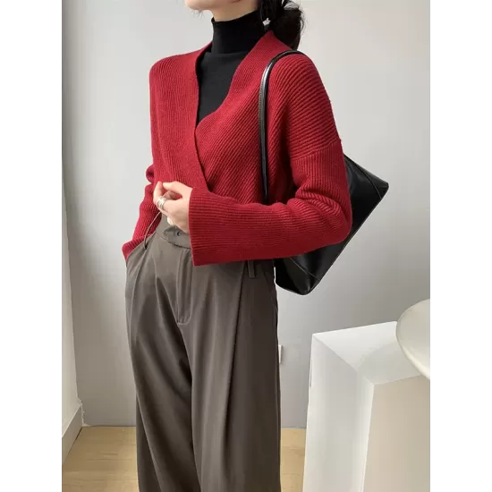 Asymmetric Solid Color Long Sleeves V-Neck Sweater Pullovers Knitwear