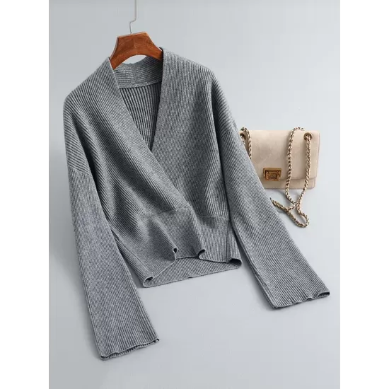 Asymmetric Solid Color Long Sleeves V-Neck Sweater Pullovers Knitwear