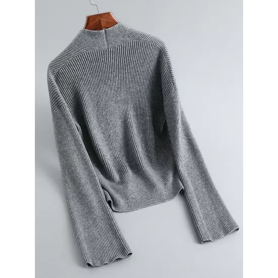 Asymmetric Solid Color Long Sleeves V-Neck Sweater Pullovers Knitwear