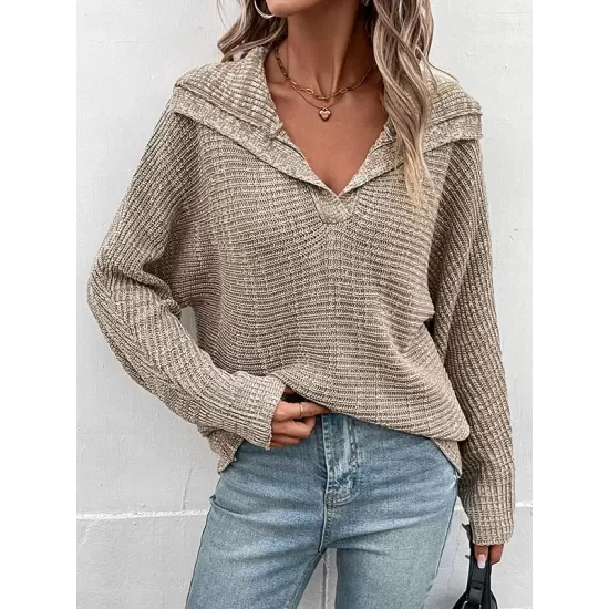 Casual Loose Long Sleeves Solid Color Lapel Collar Sweater Tops