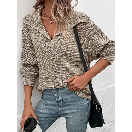 Casual Loose Long Sleeves Solid Color Lapel Collar Sweater Tops