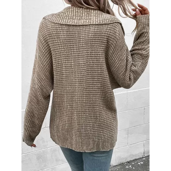 Casual Loose Long Sleeves Solid Color Lapel Collar Sweater Tops