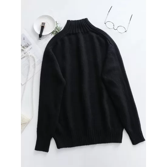 Stylish Long Sleeves Loose Solid Color High-Neck Sweater Tops