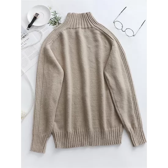 Stylish Long Sleeves Loose Solid Color High-Neck Sweater Tops