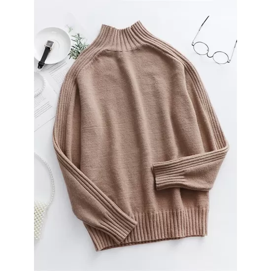 Stylish Long Sleeves Loose Solid Color High-Neck Sweater Tops