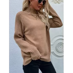 Stylish Long Sleeves Loose Solid Color High-Neck Sweater Tops