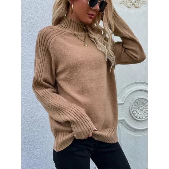 Stylish Long Sleeves Loose Solid Color High-Neck Sweater Tops