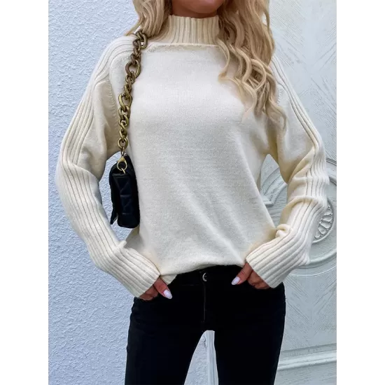 Stylish Long Sleeves Loose Solid Color High-Neck Sweater Tops