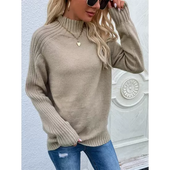 Stylish Long Sleeves Loose Solid Color High-Neck Sweater Tops