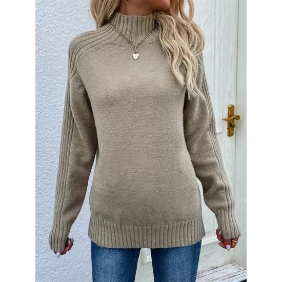 Stylish Long Sleeves Loose Solid Color High-Neck Sweater Tops