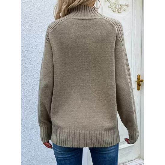 Stylish Long Sleeves Loose Solid Color High-Neck Sweater Tops