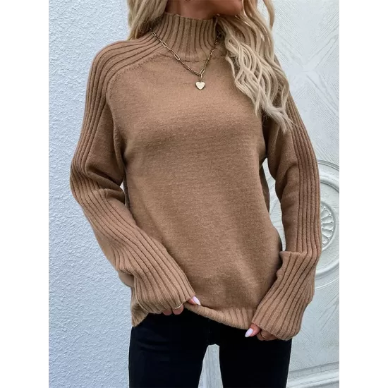 Stylish Long Sleeves Loose Solid Color High-Neck Sweater Tops