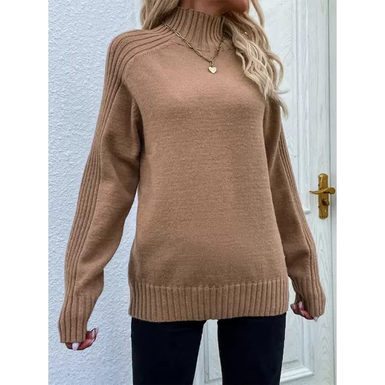 Stylish Long Sleeves Loose Solid Color High-Neck Sweater Tops