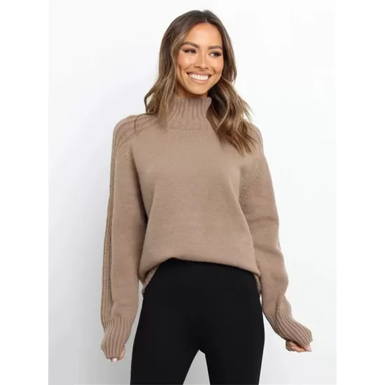 Stylish Long Sleeves Loose Solid Color High-Neck Sweater Tops