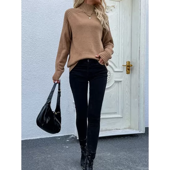 Stylish Long Sleeves Loose Solid Color High-Neck Sweater Tops