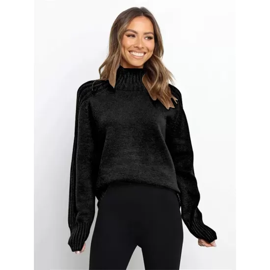 Stylish Long Sleeves Loose Solid Color High-Neck Sweater Tops