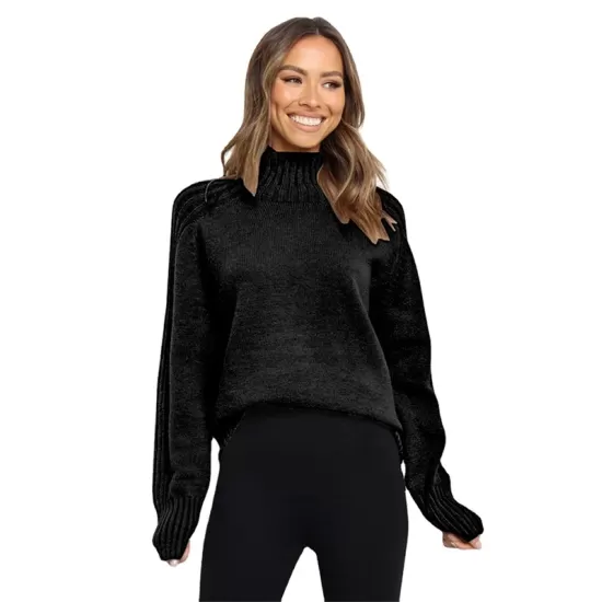 Stylish Long Sleeves Loose Solid Color High-Neck Sweater Tops