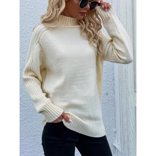 Stylish Long Sleeves Loose Solid Color High-Neck Sweater Tops