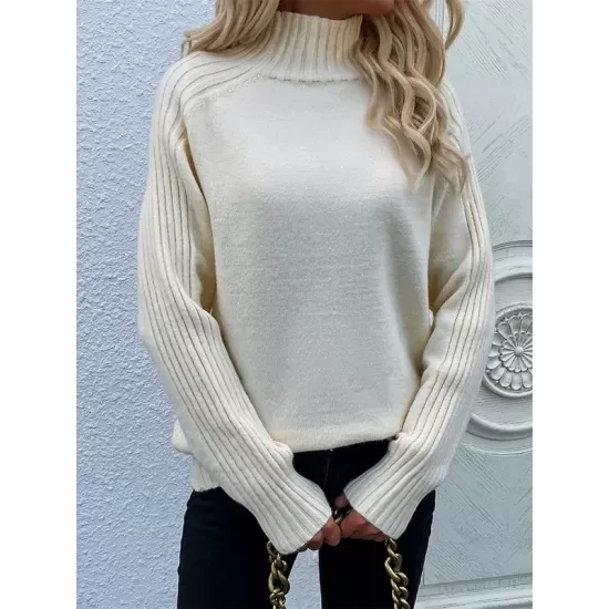 Stylish Long Sleeves Loose Solid Color High-Neck Sweater Tops