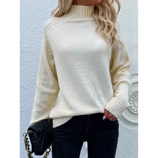 Stylish Long Sleeves Loose Solid Color High-Neck Sweater Tops