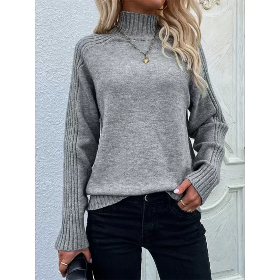 Stylish Long Sleeves Loose Solid Color High-Neck Sweater Tops