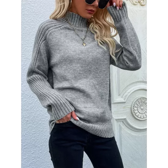 Stylish Long Sleeves Loose Solid Color High-Neck Sweater Tops