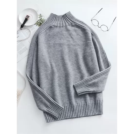 Stylish Long Sleeves Loose Solid Color High-Neck Sweater Tops