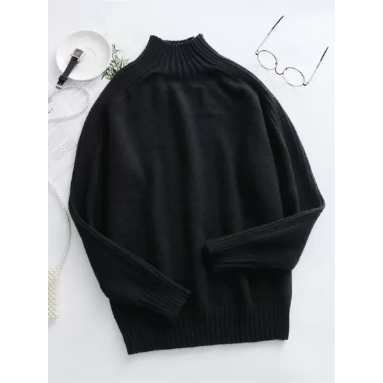 Stylish Long Sleeves Loose Solid Color High-Neck Sweater Tops