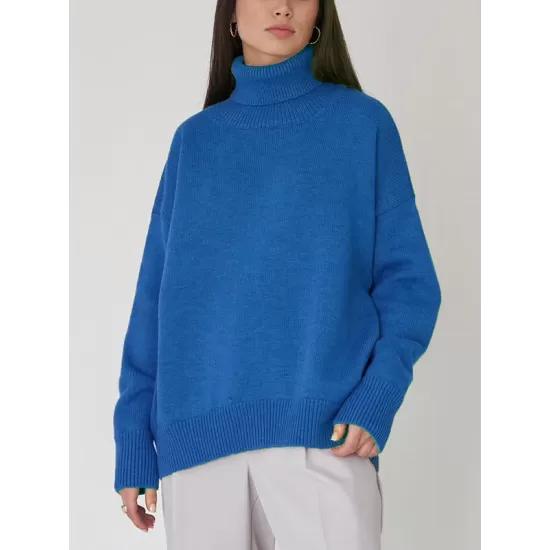 Casual Long Sleeves Loose Solid Color High-Neck Sweater Tops