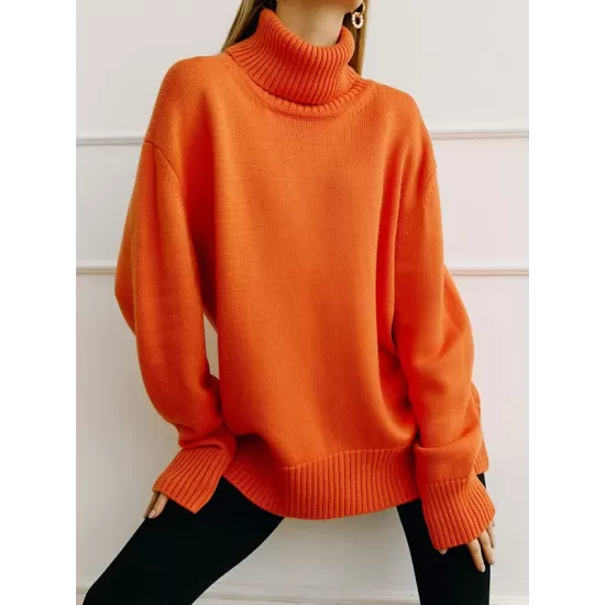 Casual Long Sleeves Loose Solid Color High-Neck Sweater Tops