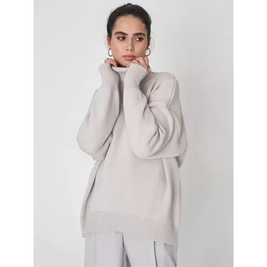 Casual Long Sleeves Loose Solid Color High-Neck Sweater Tops