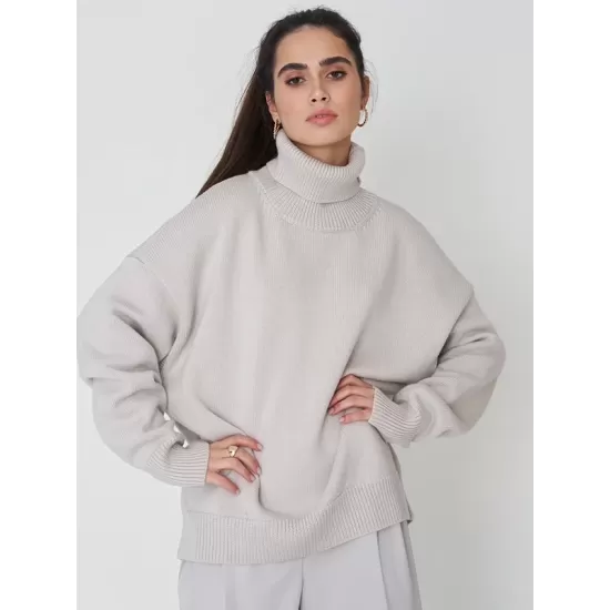 Casual Long Sleeves Loose Solid Color High-Neck Sweater Tops