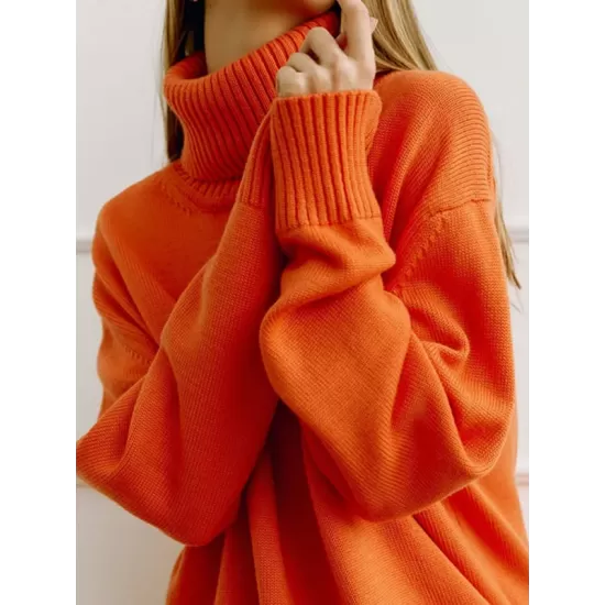 Casual Long Sleeves Loose Solid Color High-Neck Sweater Tops