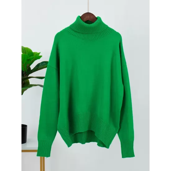 Casual Long Sleeves Loose Solid Color High-Neck Sweater Tops