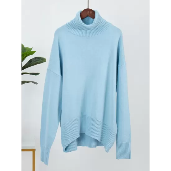 Casual Long Sleeves Loose Solid Color High-Neck Sweater Tops