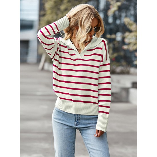 Casual Loose Striped Polo Sweater Top